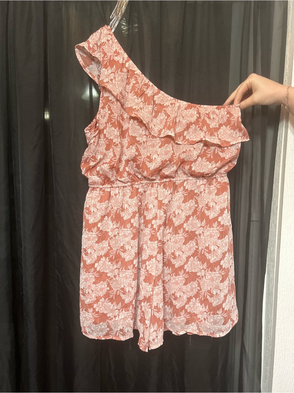 Trixxi One-Shoulder Coral Floral Romper with Ruffle